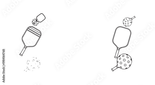Pickleball paddles and balls isolated on white background. set of line art drawing vector illustrations.