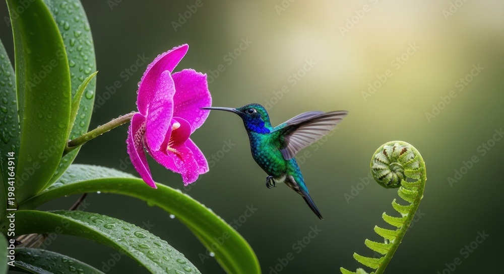 Obraz premium A vibrant hummingbird with iridescent plumage feeds from a delicate pink orchid, with a lush green fern in the background, set against a soft, blurred green backdrop.