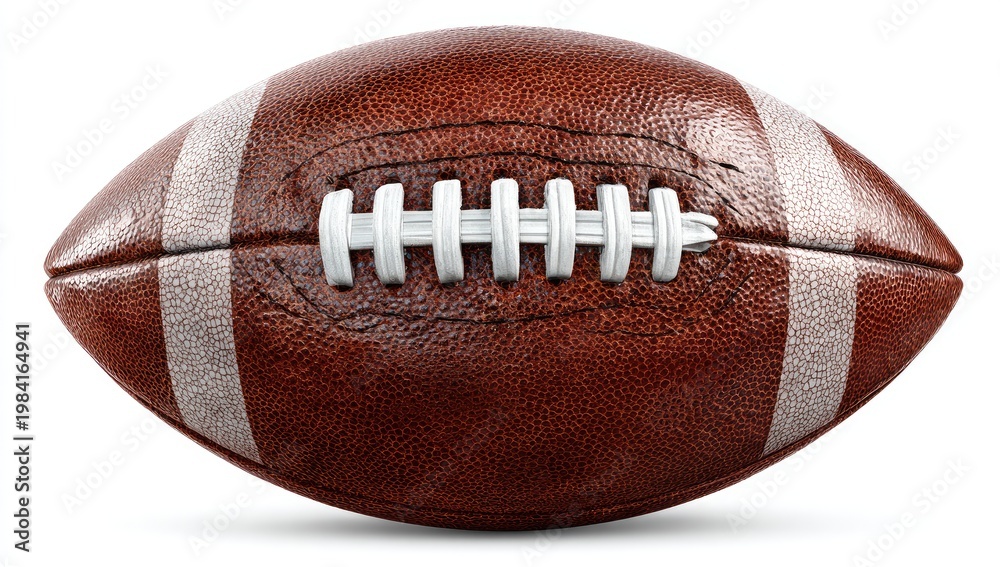 Fototapeta premium Close-up of a textured brown oval ball with white laces, on white