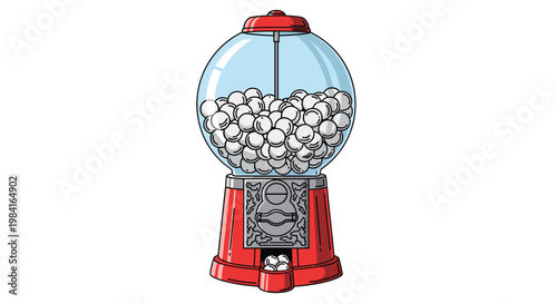 Classic red vintage style gumball machine filled with white gum balls on white background.