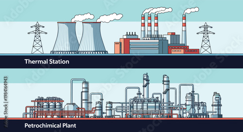 Comparison of thermal power station and petrochemical plant industrial facilities in stylized horizontal panels.