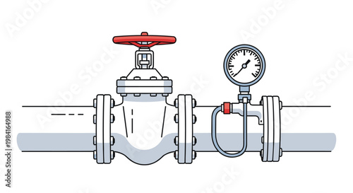 Industrial pipeline section with large red manual valve and pressure gauge meter on white background.
