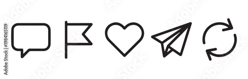 Minimal social media interface icons set including message bubble flag heart paper plane and refresh arrows.