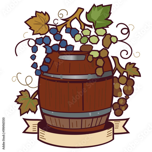 Vintage Oak Wine Barrel with Grapes, Vines and Blank Scroll Ribbon. 