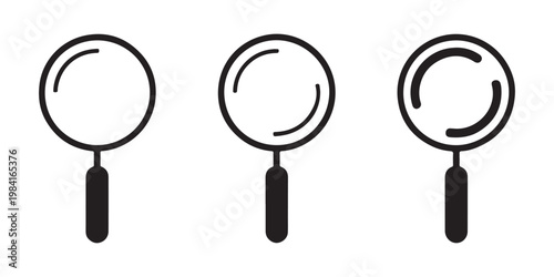 Collection of magnifying glass icons different styles simple outline black solid search analyze discover examine find inspect tool.