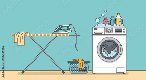 Household laundry scene featuring washing machine with detergent baskets and ironing board with iron.