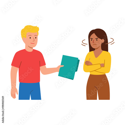 Man offers papers to a stressed woman in casual clothes indoors