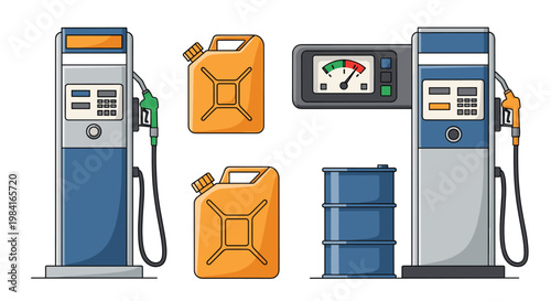 Set of gas station equipment including fuel pumps orange canisters and blue oil barrel on white background.
