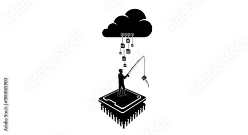 Man fishing on a microchip with data rain.