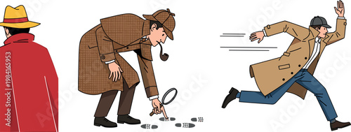 Detective scenes set with investigation tracking footprints and running suspect characters in trench coats isolated vector illustration