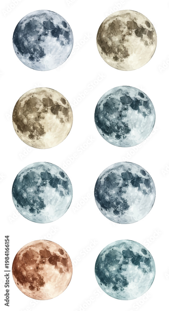 Obraz premium Set of eight watercolor illustrations of full moons in various colors including blue, gray, beige, and copper, featuring detailed lunar craters isolated on a white background.