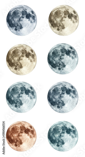 Set of eight watercolor illustrations of full moons in various colors including blue, gray, beige, and copper, featuring detailed lunar craters isolated on a white background.
