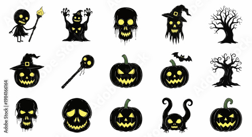 Set of 15 Halloween vector illustrations featuring black silhouettes of jack-o'-lantern pumpkins, spooky skulls, dead trees, and ghosts with glowing yellow eyes isolated on white.