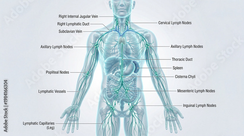 Diagram shows human lymphatic system with named parts and locations throughout the body for education and understanding of lymphatic functions