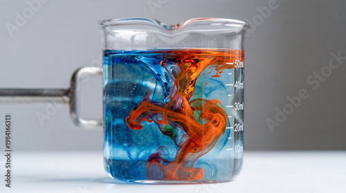 Colorful liquid swirl in beaker shows mixing of blue and orange dyes in a science lab during a chemistry experiment