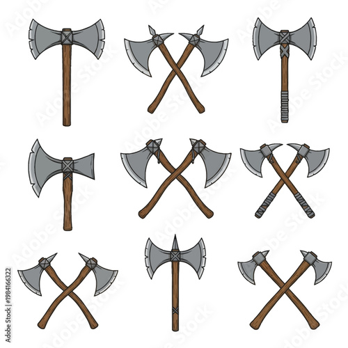Medieval battle-axe vector illustrations featuring double-headed axes, crossed axe pairs, and single-blade hatchets with wooden handles and notched steel blades on white background
