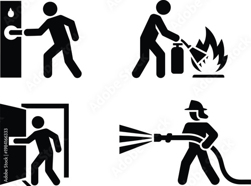 Fire Safety Icons Collection with Firefighter, Extinguisher, Alarm and Emergency Response Silhouette Vector Set
