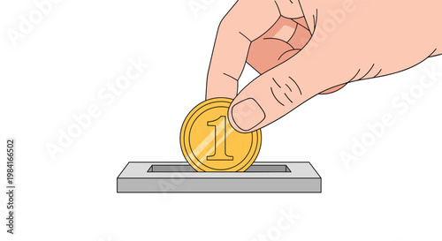 Human hand inserting one unit gold coin into money slot representing savings or payment concept.