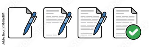 Business document approval process icons showing paper sheets with blue pen and green checkmark confirmation.