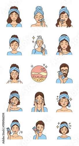 Skincare routine vector illustration set featuring people applying facial cream, using serums, washing faces, and grooming. Includes cross-section of skin layers and various icons.