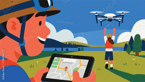 Illustration Of A Person Flying A Drone In The Open Air Vector Design Template