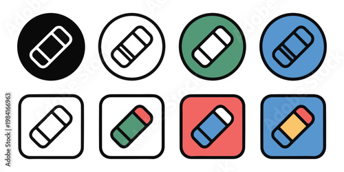 Eraser icons in various shapes and colors for correction tools and design elements.