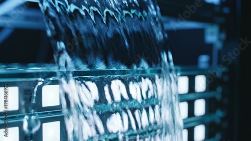 Advanced data center cooling system technology with water flow liquid cooling close up over server rack infrastructure for high density servers