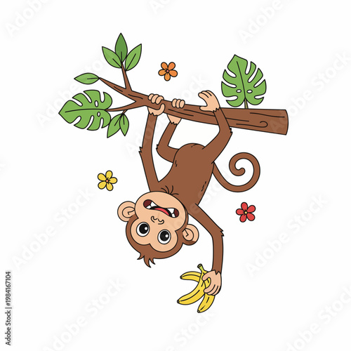 Cute cartoon monkey hanging upside down from a tree branch holding a bunch of bananas and surrounded by flowers and leaves