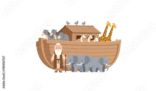 Noah ark biblical story vector illustration with animals and elderly prophet flat design