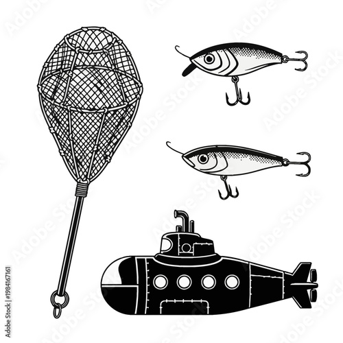 Black and white vector set featuring a handheld fishing landing net with mesh texture, two artificial fish lures with treble hooks, and a stylized submarine silhouette with portholes.