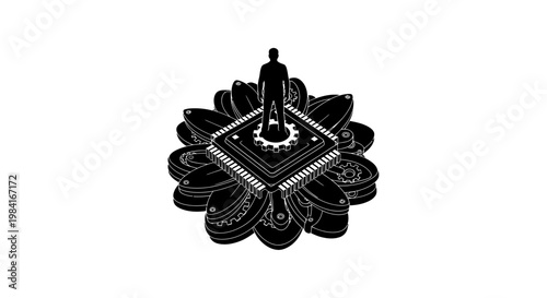 A black and white illustration of a decorative object.