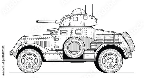 Detailed black and white line art of vintage military armored vehicle with turret and machine gun.