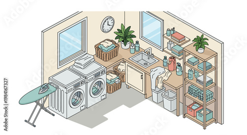 Isometric illustration of modern well organized laundry room with washing machines shelving and ironing board.