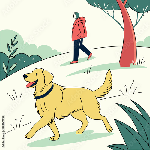 Golden Retriever dog walking happily in a park with a person