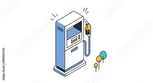 Isometric illustration of modern blue and white fuel pump with nozzle and small stylized trees.