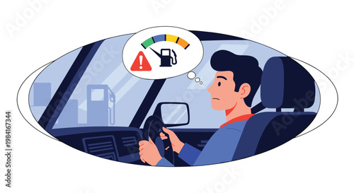 Worried man driving car looking at low fuel gauge indicator and gas pump thought bubble.