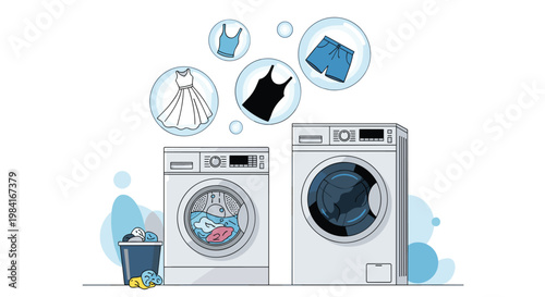 Two laundry machines with washing bubbles containing icons of dress tank top and shorts garments.