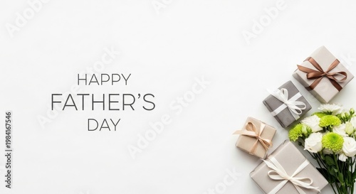 Happy father's day greeting with gifts and flowers on a white background