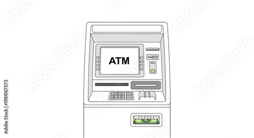 Automated teller machine drawing showing bank notes being dispensed from the terminal for banking and financial services concept.