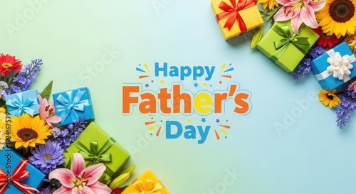 Happy father's day celebration with vibrant flowers and gift boxes