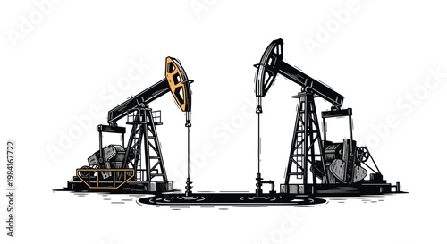 Pair of industrial oil pump jacks extracting petroleum from the ground in a desert or field during energy production operations.