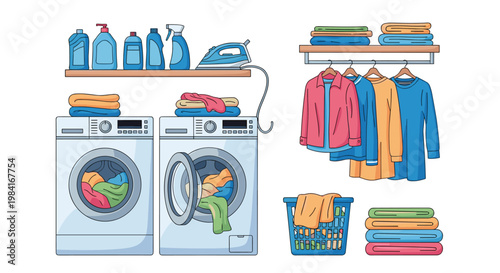 Comprehensive laundry room set featuring front load washing machines, cleaning detergents, an iron, and neatly folded clothing.