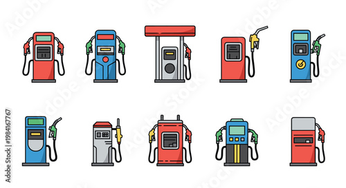 Diverse collection of colorful fuel pump icons in various designs and colors for gas station service and energy industry branding.