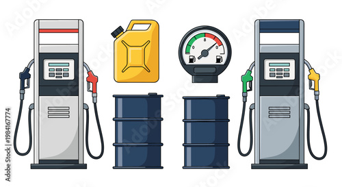 Fuel industry equipment set containing gas pumps, a yellow jerrycan, a pressure gauge, and two metal oil storage barrels.