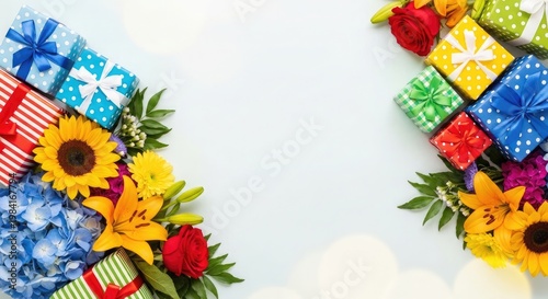 Colorful gift boxes and vibrant flowers forming a decorative border