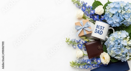 Father's day celebration a mug amongst a lush floral arrangement
