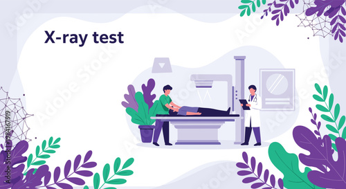 Medical professionals performing an x-ray test on a patient using a diagnostic machine in a clinic for healthcare screening.