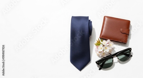 Men's accessories laid flat tie wallet flowers and sunglasses