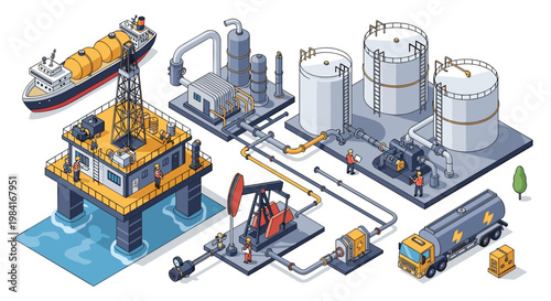 Extensive isometric oil industry map showcasing an offshore platform, shipping tanker, refinery tanks, and a distribution truck.