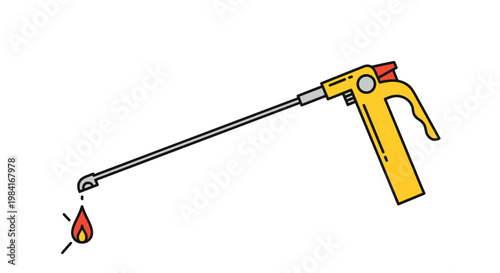 Long-reach kitchen gas lighter tool with a triggered handle and a small orange flame for igniting stoves and candles.